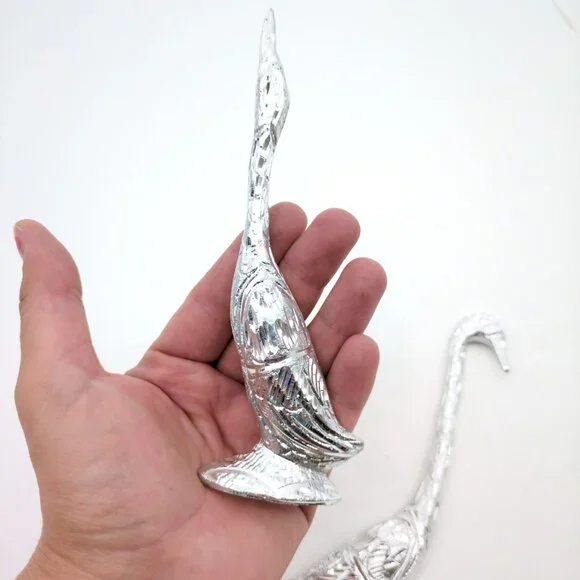 Vintage Aluminum Swan Figurine Pair 7" Hand-Carved Birds Boho Silver Decor - Picture 3 of 12